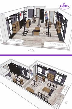 two renderings of the interior and exterior of a house, with furniture on each floor