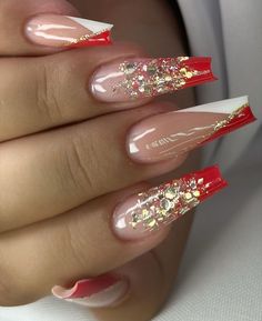 Red White And Gold Nail Designs, White Red And Gold Nails, Nail Art Designs Red And Gold, Red With White Tip Nails, Red Gold And White Nails, Red And Gold Nails Square, Nails For Red Dress Ideas Prom, Red White Gold Nails, Red White And Gold Nails