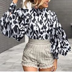 Questions? Leave A Comment Below! Big Lantern, Loose Dress Pattern, Stand Collar Blouse, Party Blouse, Fashion Stand, Lantern Sleeved Blouses, Pattern Dress Women, Leopard Print Shirt, Tunic Tops Casual