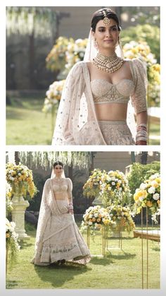 two pictures of the same woman in different outfits, one is wearing a wedding dress