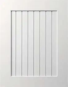 a white door with vertical bars on the front and side paneled in to it