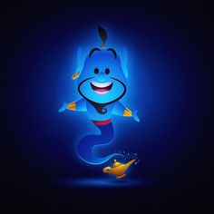 a cartoon character is smiling and dancing in the dark blue background with an orange fish