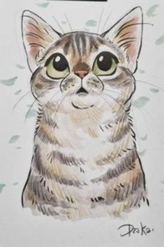 a drawing of a cat with green eyes