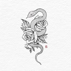 a drawing of a snake with flowers on it