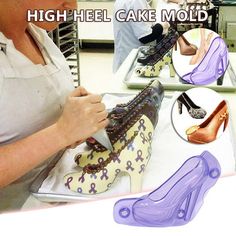 the woman is making high heel cake molds