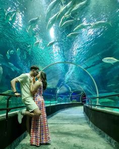 a man and woman are kissing in front of an aquarium with fish swimming around them