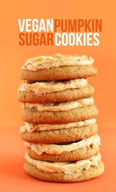 vegan pumpkin sugar cookies stacked on top of each other with the title overlay