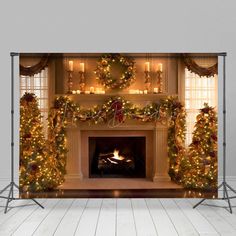 a fireplace decorated with christmas lights and wreaths