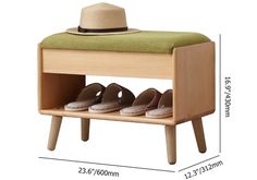 the shoe rack has three pairs of shoes on it and is next to a hat