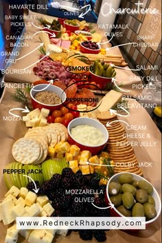 A charcuterie board that has several meats, cheeses, fruits, veggies and crackers all labeled on a easy DIY board made for sheet pans and packing paper. Charcuterie Simple, Build A Charcuterie Board, Diy Charcuterie Board, Make A Charcuterie Board, Meat And Cheese Tray, Colby Jack