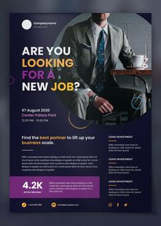 a flyer for a new job with a man in a suit and tie sitting at a desk