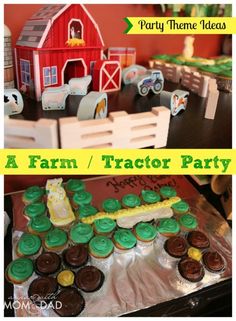 a farm tractor party with cupcakes and decorations