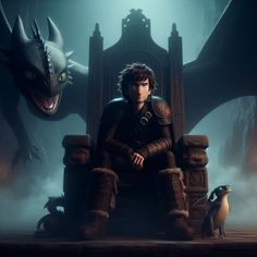 a man sitting on top of a giant chair next to a small dragon in front of him