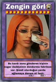 a woman with orange hair and glasses holding a money bill in front of her face