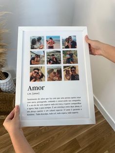 a person holding up a framed photo with photos on it and the words amor in spanish