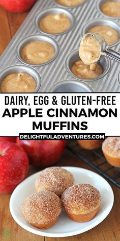 an apple cinnamon muffin is being dunked into a muffin tin with apples in the background