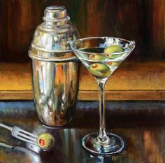 an oil painting of a martini glass with olives in it and a shaker