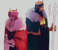 two people dressed up in costumes and holding swords, one wearing a crown while the other wears a cape