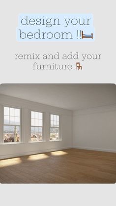 an empty room with white walls and wood flooring is featured in this ad for furniture