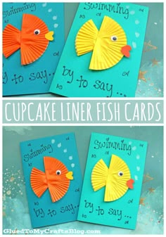 two pictures of cupcake liner fish cards with the words, to say it's easy