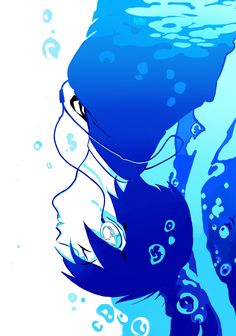 a drawing of a woman with blue hair under water