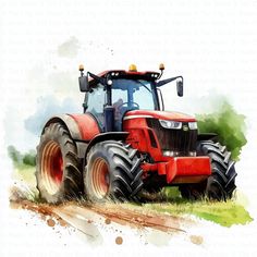 a painting of a red tractor in the grass