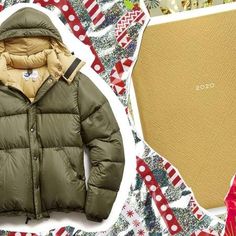 a green jacket sitting on top of a table next to a red and white blanket