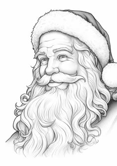 a black and white drawing of santa claus with long beard, wearing a santa hat