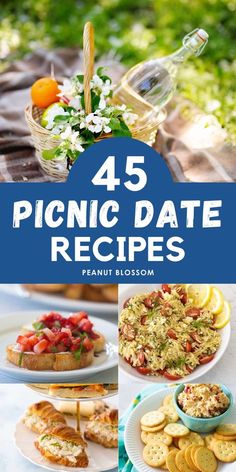 the cover of 45 picnic date recipes is shown with images of food and drinks on plates