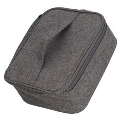 a gray toilet bag sitting on top of a white floor