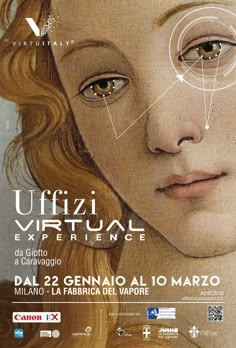 a close up of a person's face with the words uffizi virtual experience on it