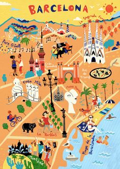 an illustrated map of barcelona, spain with people walking and sitting on the beach in front of it