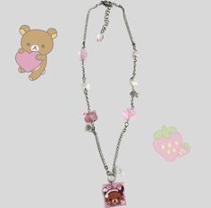 pink and white necklace made with glass, pearl, shell, crystal cupchain, cable chain, and handmade rilakkuma UV glitter resin charm - stainless steel based, handmade and one of a kind Pink Rilakkuma, Panda Necklace, Kawaii Necklace, Skull Pendant Necklace, Snowflake Necklace, Aesthetic Board, Bow Necklace, Skull Pendant, Pink Necklace