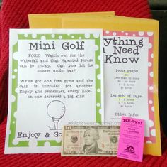 a note and money sitting on top of a red blanket next to each other with the words mini golf written on it