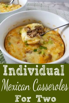 two bowls filled with mexican casserole on top of a green and white tablecloth