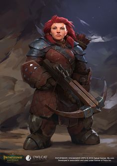 a woman with red hair holding a bow and arrow