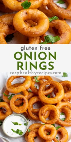 onion rings on a plate with ranch dressing