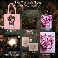 the trilocy tour package includes two tote bags, three mugs and four other items