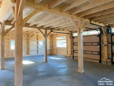 The inside of a recently raised 36' x 32' Lenox Carriage Barn. This barn has a 16' Gable Dormer with a bow-top window. #thebarnyard #thebarnyardstore #postandbeambarn #postandbeam #timberframe #timberframebarn #barnsofinstagram #barnsofinsta #buildersofinstagram #buildersofinsta #barn #barnbuilders #exceptionallybuilt #lenox #carriagebarn #raisingday #barnraising #barns #tby10681 Victorian Garage, Gable Dormer, Dream Building, Diy Carpentry