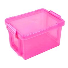 a pink plastic storage box on a white background