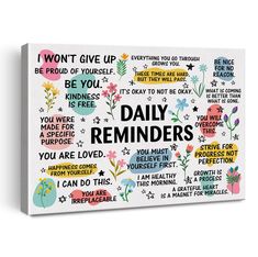 a white canvas with the words daily reminders written in different colors and designs on it