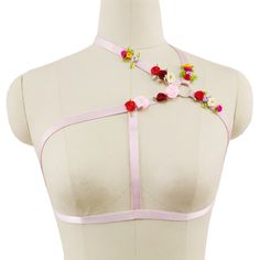 Brand New Super Sexy Harness Bra Small Flower Embellishment Pink One Size Pink Lingerielook, Pastel Bra, Deadpool Outfit, Crafting Corner, Harness Fashion, Red Princess, Burlesque Costumes, Harness Bra, Character Board