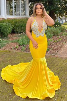 Prom Dress Yellow Halter V-Neck Mermaid With Applique Silver Prom Dress, Halter Prom Dresses, Velvet Prom Dress, Mermaid Prom Dress, V Neck Prom Dresses, Dress Mermaid, Prom Dresses Sleeveless, Engagement Dresses