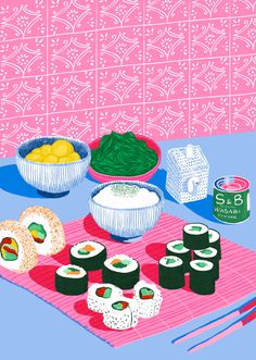 an illustration of sushi and lemons on a pink mat with chopsticks