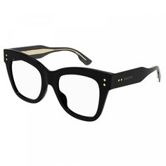 Step out in style with these chic Gucci GG1082O 001 Black 50mm eyeglasses from OSSA FRAMES. Crafted from high-quality acetate, these frames are both durable and fashionable, making them the perfect accessory for any modern woman. The sleek black frame is timeless and versatile, while the clear demo lens adds a touch of sophistication to your look. The cat-eye style of these Gucci eyeglasses is both trendy and flattering, making them a must-have for any fashion-forward individual. The 50mm lens socket width and 21mm bridge size ensure a comfortable fit, while the 145mm temple length adds a touch of elegance to the design. Whether you're heading to the office or out for a night on the town, these Gucci eyeglasses are sure to turn heads and make a statement. The RX-able design allows you to c Chic Glasses, Gucci Eyeglasses, Cat Eye Glasses, Affordable Luxury, Eye Glasses, Prescription Lenses, Modern Woman, Black Frame, Fashion Statement