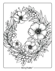 a black and white drawing of flowers in a circle with leaves on the bottom half