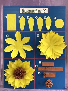 paper flowers are arranged on a blue board