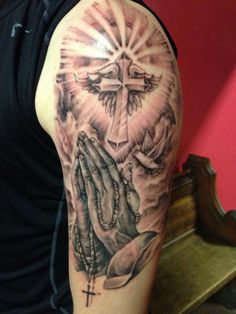 Amen Tattoo, Religion Tattoos, Tattoo Sleeve Ideas, Praying Hands Tattoo, Hands Tattoo, Heaven Tattoos, Cross Tattoo For Men, Mens Shoulder Tattoo, Forearm Sleeve Tattoos