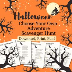 halloween printables for kids and adults with the text, choose your own adventure scavenger hunt