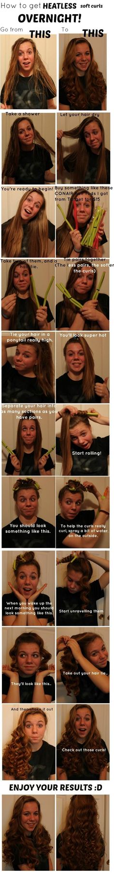 I'v done this before but never paired the rods or made a ponytail... must try... cos' with a pony it must be a lot easier to sleep when those things are on top of you'r head instead of allover... Curls Without Heat, Heatless Curls, Soft Curls, Hair Skin, Gorgeous Hair, How To Style, Pretty Hairstyles, Loki